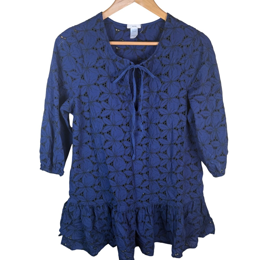 Eberjey Tessa Eyelet Top Women Medium Blue Floral Ruffle Tie Boho Cottage Blouse